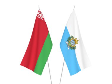 National fabric flags of Belarus and San Marino isolated on white background. 3d rendering illustration.
