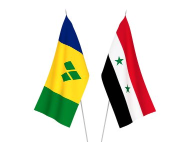 National fabric flags of Saint Vincent and the Grenadines and Syria isolated on white background. 3d rendering illustration.