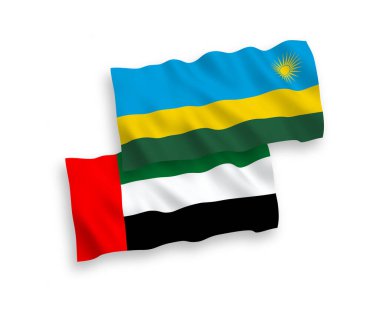 National vector fabric wave flags of Republic of Rwanda and United Arab Emirates isolated on white background. 1 to 2 proportion.
