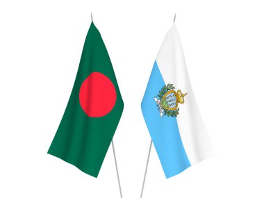 Bangladeş ve San Marino 'nun ulusal kumaş bayrakları beyaz arka planda izole edildi. 3d resimleme.