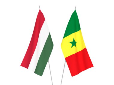 Senegal ve Macaristan 'ın ulusal kumaş bayrakları beyaz arka planda izole edildi. 3d resimleme.