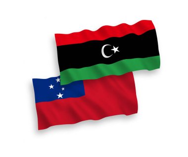 Beyaz arka planda Bağımsız Samoa ve Libya Devleti bayrakları izole edildi. 1 'e 2 oranında.