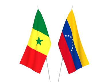 Senegal ve Venezuela 'nın ulusal kumaş bayrakları beyaz arka planda izole edildi. 3d resimleme.