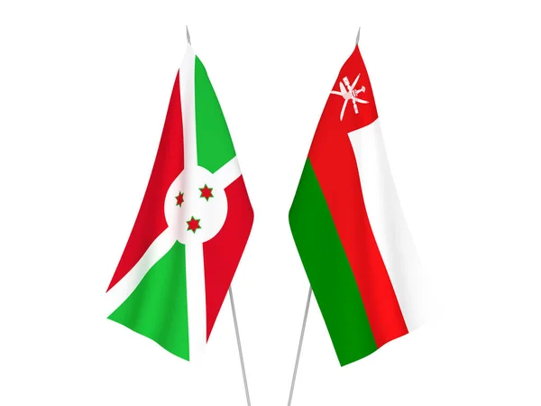 Nationale Stoffen Vlaggen Van Sultanaat Oman Burundi Geïsoleerd Witte Achtergrond — Stockfoto