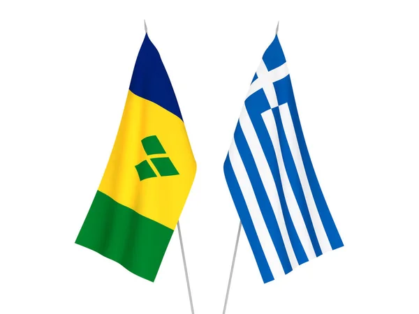 Nationella Tyg Flaggor Grekland Och Saint Vincent Och Grenadinerna Isolerade — Stockfoto