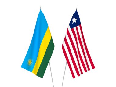 Ruanda Cumhuriyeti ve Liberya 'nın ulusal kumaş bayrakları beyaz arka planda izole edildi. 3d resimleme.