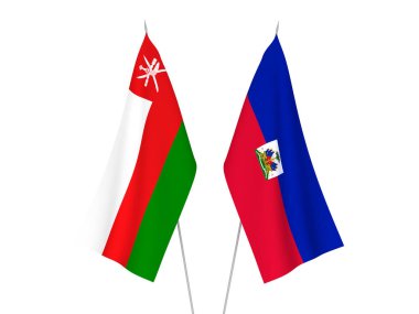 Beyaz arka planda Umman Sultanlığı ve Haiti Cumhuriyeti 'nin ulusal kumaş bayrakları izole edildi. 3d resimleme.