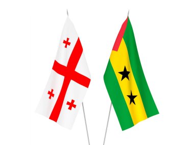 Beyaz arka planda Gürcistan, Saint Thomas ve Prince 'in ulusal kumaş bayrakları izole edildi. 3d resimleme.