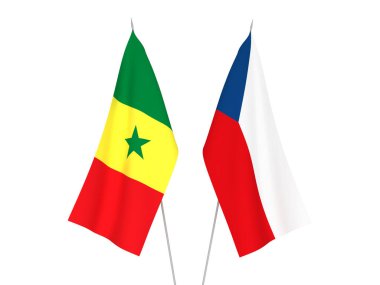 Senegal Cumhuriyeti ve Çek Cumhuriyeti 'nin ulusal kumaş bayrakları beyaz arka planda izole edildi. 3d resimleme.