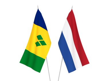 Beyaz arka planda Hollanda, Saint Vincent ve Grenadine 'in ulusal kumaş bayrakları izole edildi. 3d resimleme.