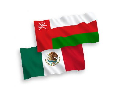 Meksika 'nın ulusal taşıyıcı kumaş bayrakları ve Umman Sultanlığı beyaz arka planda izole edildi. 1 'e 2 oranında.