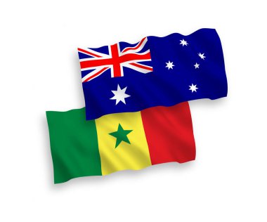 Avustralya ve Senegal Cumhuriyeti 'nin ulusal taşıyıcı kumaş bayrakları beyaz arka planda izole edildi. 1 'e 2 oranında.