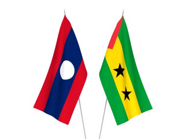 Beyaz arka planda Laos, Saint Thomas ve Prince 'in ulusal kumaş bayrakları izole edildi. 3d resimleme.