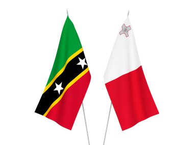 Beyaz arka planda Saint Christopher, Nevis ve Malta Federasyonu bayrakları izole edildi. 3d resimleme.