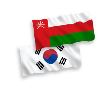 Güney Kore 'nin ulusal taşıyıcı kumaş bayrakları ve Umman Sultanlığı beyaz arka planda izole edildi. 1 'e 2 oranında.