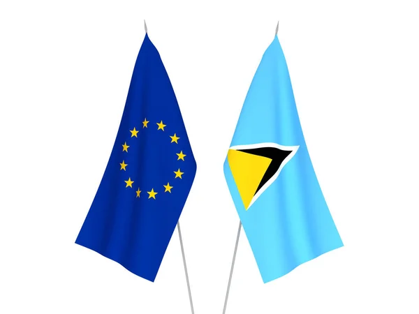 Nationella Tyg Flaggor Europeiska Unionen Och Saint Lucia Isolerad Vit — Stockfoto