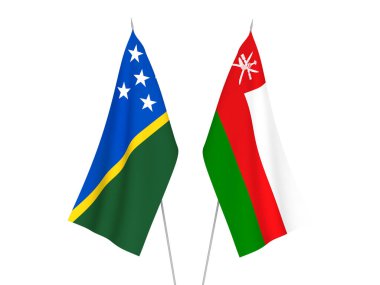 Umman ve Solomon Adaları Sultanlığı bayrakları beyaz arka planda izole edildi. 3d resimleme.