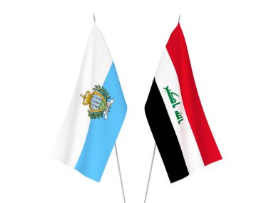 Beyaz arka planda, Irak ve San Marino 'nun ulusal kumaş bayrakları izole edildi. 3d resimleme.