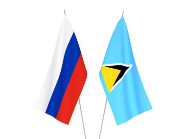 Beyaz arka planda Rusya ve Saint Lucia 'nın ulusal kumaş bayrakları izole edildi. 3d resimleme.