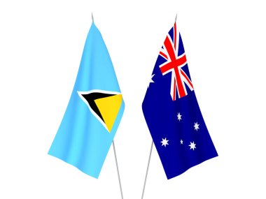 Avustralya ve Saint Lucia 'nın ulusal kumaş bayrakları beyaz arka planda izole edildi. 3d resimleme.