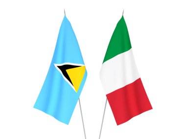 İtalya ve Saint Lucia 'nın ulusal kumaş bayrakları beyaz arka planda izole edildi. 3d resimleme.