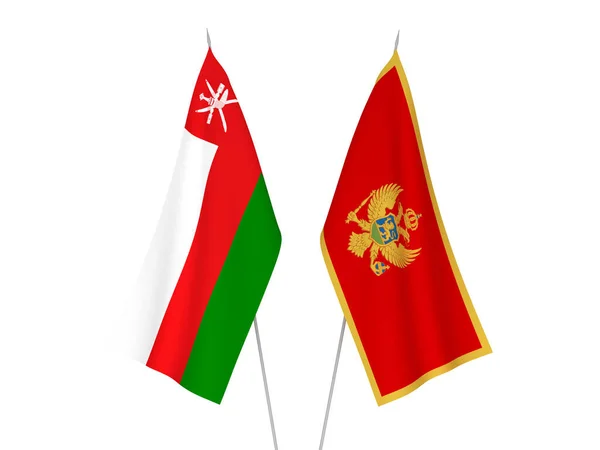Nationale Stoffen Vlaggen Van Sultanaat Oman Montenegro Geïsoleerd Witte Achtergrond — Stockfoto