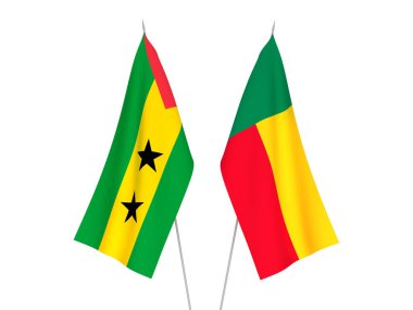 Beyaz arka planda Benin ve Saint Thomas ve Prince 'in ulusal kumaş bayrakları izole edildi. 3d resimleme.