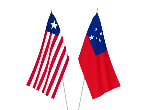 Nationale Stoffen Vlaggen Van Onafhankelijke Staat Samoa Liberia Geïsoleerd Witte — Stockfoto