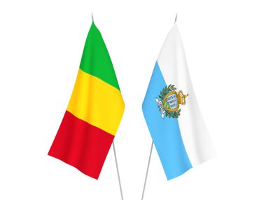 Beyaz arka planda Mali ve San Marino 'nun ulusal kumaş bayrakları izole edildi. 3d resimleme.