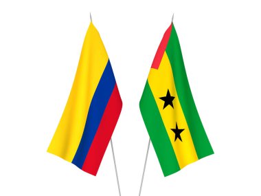 Beyaz arka planda Kolombiya ve Saint Thomas ve Prince 'in ulusal kumaş bayrakları izole edildi. 3d resimleme.