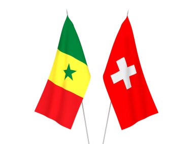 Beyaz arka planda İsviçre ve Senegal Cumhuriyetinin ulusal kumaş bayrakları izole edildi. 3d resimleme.
