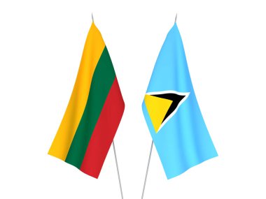 Beyaz arka planda Litvanya ve Saint Lucia 'nın ulusal kumaş bayrakları izole edildi. 3d resimleme.