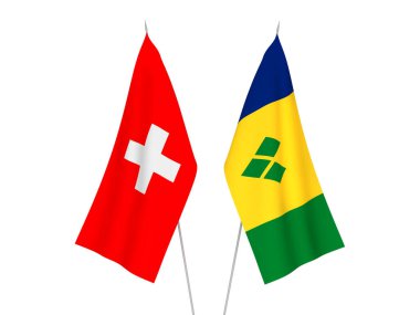 Beyaz arka planda İsviçre, Saint Vincent ve Grenadine 'in ulusal kumaş bayrakları izole edildi. 3d resimleme.