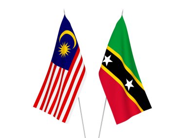 Beyaz arka planda Malezya ve Saint Christopher Federasyonu bayrakları ve Nevis izole edildi. 3d resimleme.