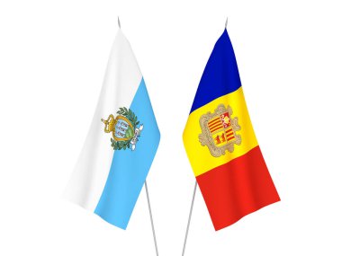 Beyaz arka planda Andorra ve San Marino 'nun ulusal kumaş bayrakları izole edildi. 3d resimleme.