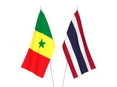 Beyaz arka planda Tayland ve Senegal Cumhuriyeti 'nin ulusal kumaş bayrakları izole edildi. 3d resimleme.