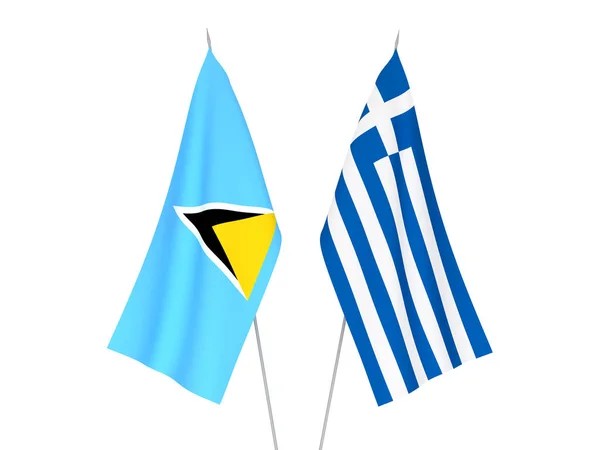 Nationella Tyg Flaggor Grekland Och Saint Lucia Isolerad Vit Bakgrund — Stockfoto