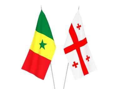 Beyaz arka planda Gürcistan ve Senegal Cumhuriyeti 'nin ulusal kumaş bayrakları izole edildi. 3d resimleme.