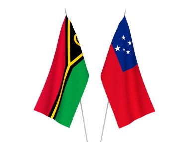 Beyaz arka planda bağımsız Samoa Devleti ve Vanuatu Cumhuriyeti 'nin ulusal kumaş bayrakları izole edildi. 3d resimleme.