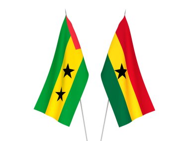 Beyaz arka planda Gana, Saint Thomas ve Prince 'in ulusal kumaş bayrakları izole edildi. 3d resimleme.