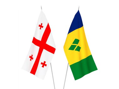 Beyaz arka planda Gürcistan, Saint Vincent ve Grenadine 'in ulusal kumaş bayrakları izole edildi. 3d resimleme.