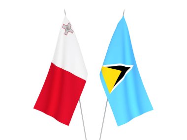 Beyaz arka planda Saint Lucia ve Malta 'nın ulusal kumaş bayrakları izole edildi. 3d resimleme.
