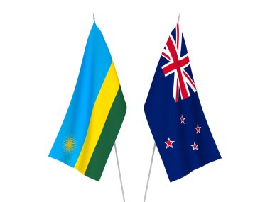 Ruanda Cumhuriyeti ve Yeni Zelanda 'nın ulusal kumaş bayrakları beyaz arka planda izole edildi. 3d resimleme.