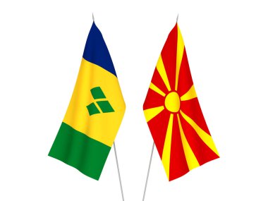 Beyaz arka planda Kuzey Makedonya ve Saint Vincent ve Grenadinler 'in ulusal kumaş bayrakları izole edildi. 3d resimleme.