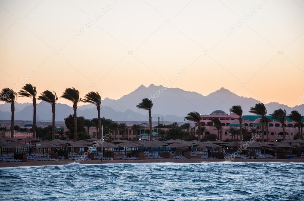 View of the beach and mountains in the distance. Hurghada, Egypt