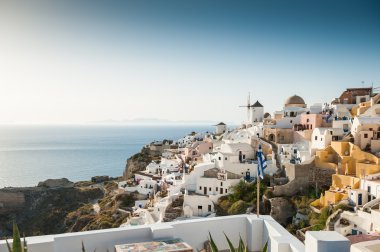Günbatımında oia güzel santorini Island, Yunanistan