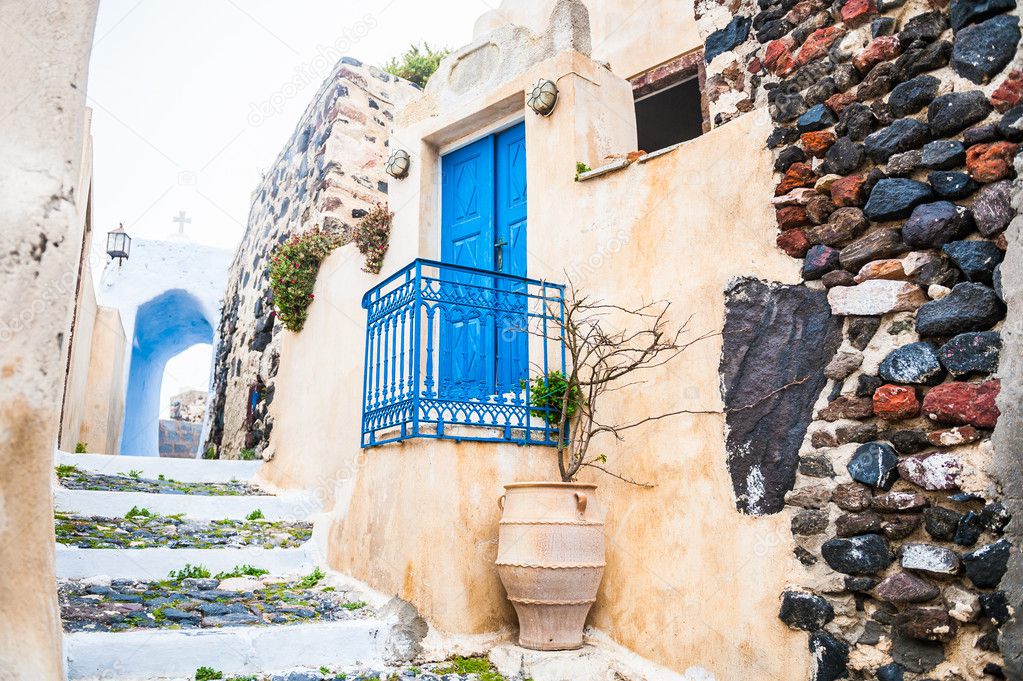 Old street in Pyrgos village on the island Santorini, Greece