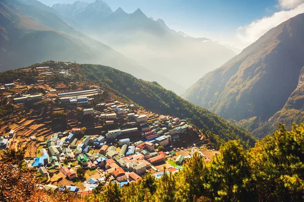 Vista Panorámica Del Pueblo Namche Bazar Himalaya Nepal Paisaje Otoño — Foto de Stock