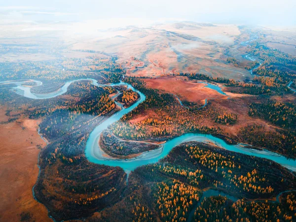 俄罗斯西伯利亚阿尔泰山脉 夸赖草原的楚亚河 空中无人驾驶飞机视图 黄秋树木 晨雾弥漫 美丽的秋天风景 — 图库照片