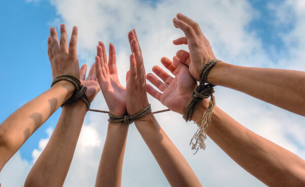 Three pairs of human hands tied up together